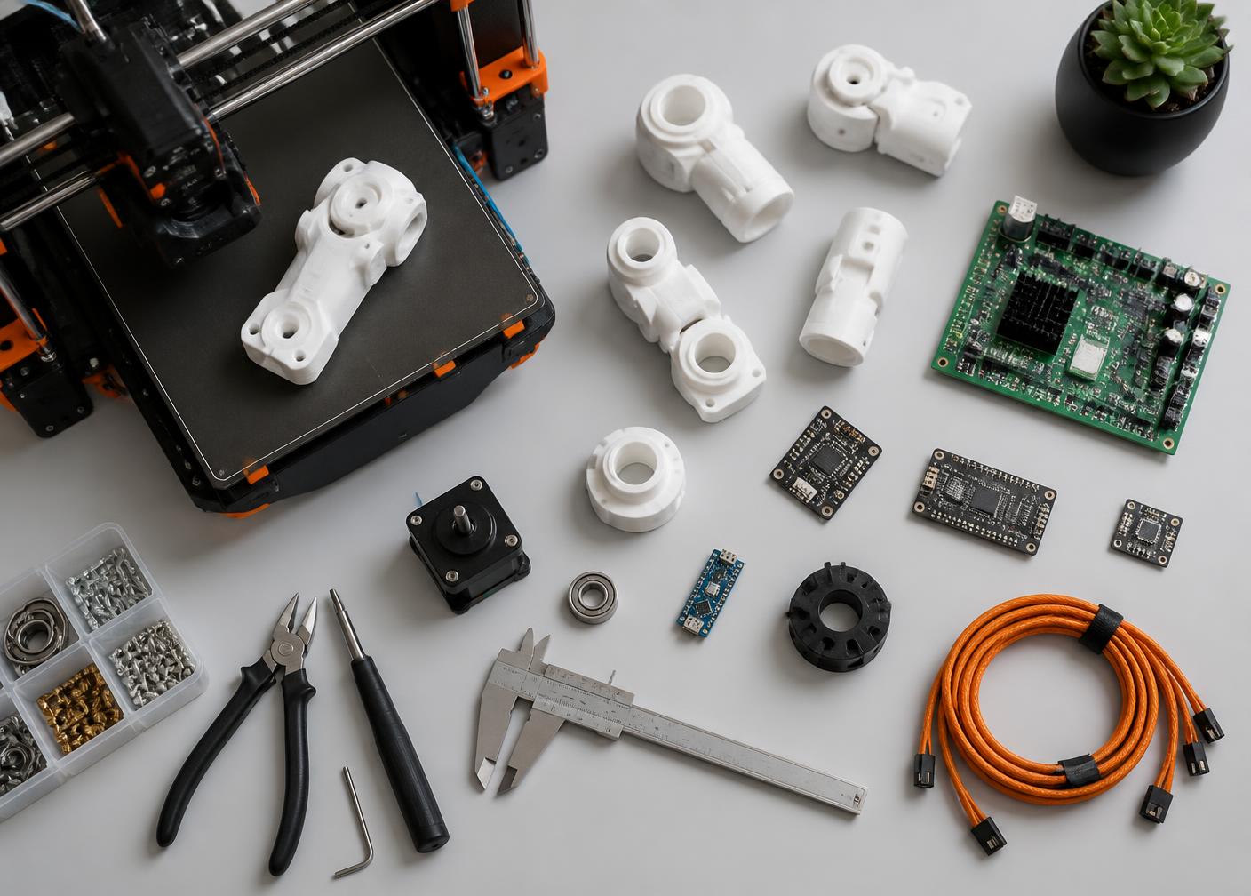 Maker workbench with a 3D printer, printed robot joints, PCBs, microcontrollers and calipers