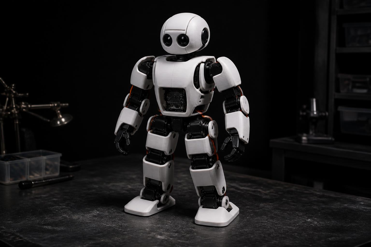 Open-source educational humanoid robot with 3D printed shell on a workbench